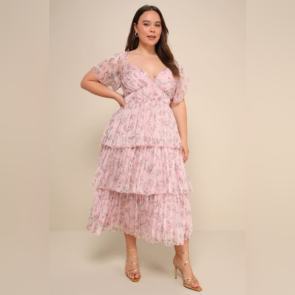 Lulus Gentle Charm Mauve Floral Print Pleated Tiered Midi Dress - Picture 16 of 16